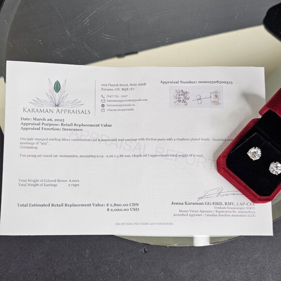 6CT Moissanite Stud Earrings (2x 3CT) Sterling Silver 925, Appraised - Picture 6 of 10